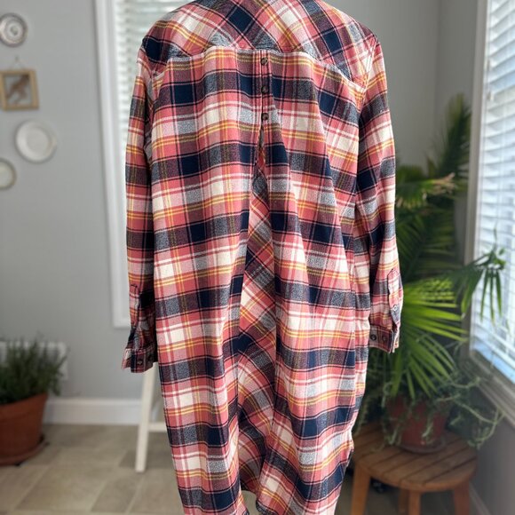 Duluth Trading Flannel Folklore Duster in Pink / Navy / Yellow Sz XL - Picture 4 of 14